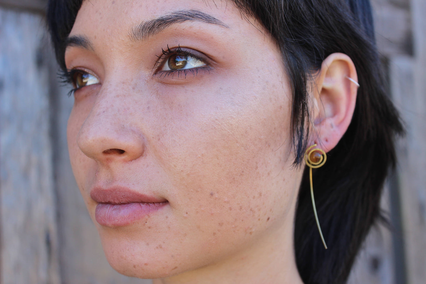 Brass Thread Through Stone Spiral Earring - CLOSEOUT SALE!