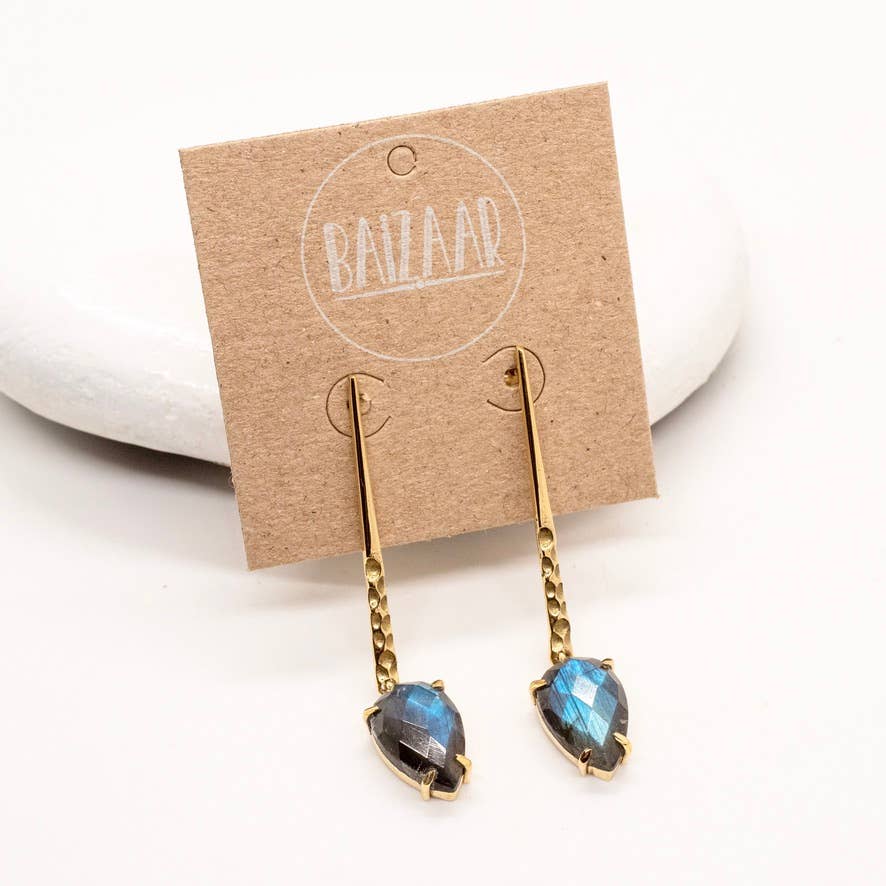 Brass Stone Hammered Bar Earrings
