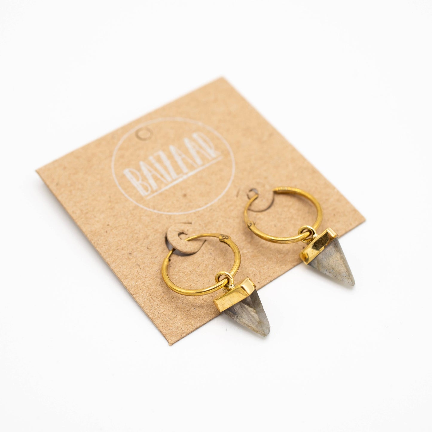Brass Stone Pyramid Hoop Earrings 